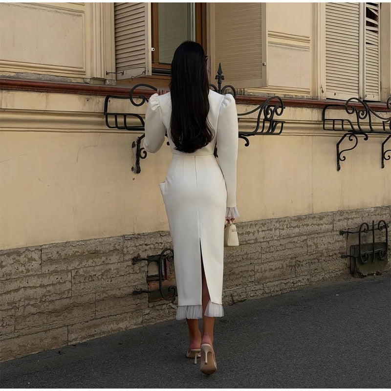 Completo di Top Corto e Gonna Midi in Tulle Bianco, Lussuoso, con Scollo a V, Maniche Lunghe a Sbuffo, Vestibilità Slim, Collezione Primavera 2026, per Appuntamenti e Ufficio