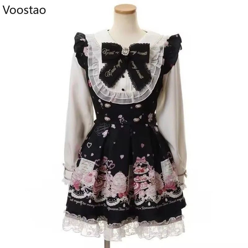 Set di abiti con fiocco in strass Lolita giapponese Kawaii Set da donna con stampa di cartoni animati dolci in pizzo con perle Abito gotico Y2k Abiti da festa per il tè