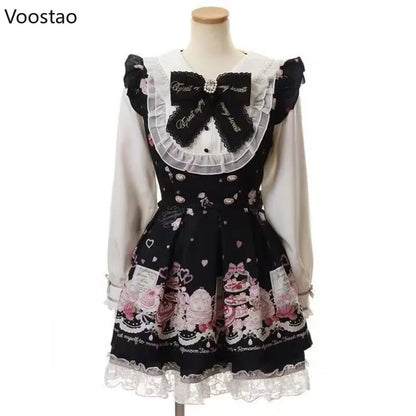 Set di abiti con fiocco in strass Lolita giapponese Kawaii Set da donna con stampa di cartoni animati dolci in pizzo con perle Abito gotico Y2k Abiti da festa per il tè