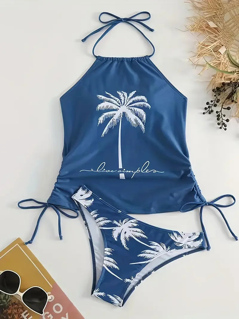 Bretelles imprimées noix de coco, Cache-ventre conservateur grande taille, Bikini fendu pour femme, Cache-ventre conservateur grande taille