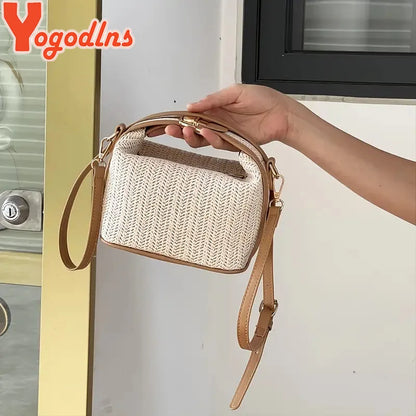 Yogodlns Borsa estiva piccola in paglia Borsa a tracolla alla moda Borsa a tracolla a secchiello intrecciata Borsa da spiaggia casual al mare Borsa con manico per ragazze