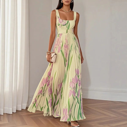 Abito lungo sexy con stampa floreale Donna Estate 2025 Abiti maxi con cinturino senza maniche alla moda eleganti