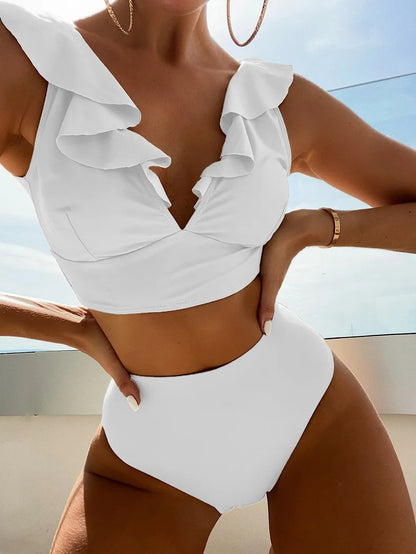 Damen-High-Waist-Bikini-Sets, V-Ausschnitt, Rüschen, zweiteilige Badeanzüge, Push-Up-Badeanzüge