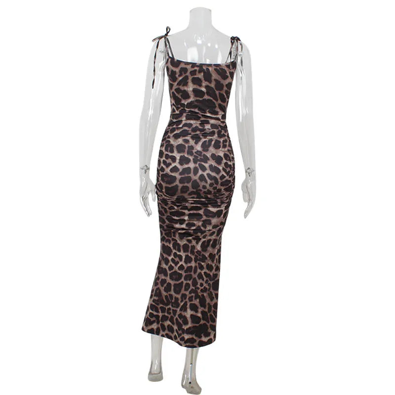 Abiti stampati leopardati per le donne Moda Partywear sexy Spaghetti High Side Split scollo a V Slim Fit senza maniche Abiti lunghi Robe