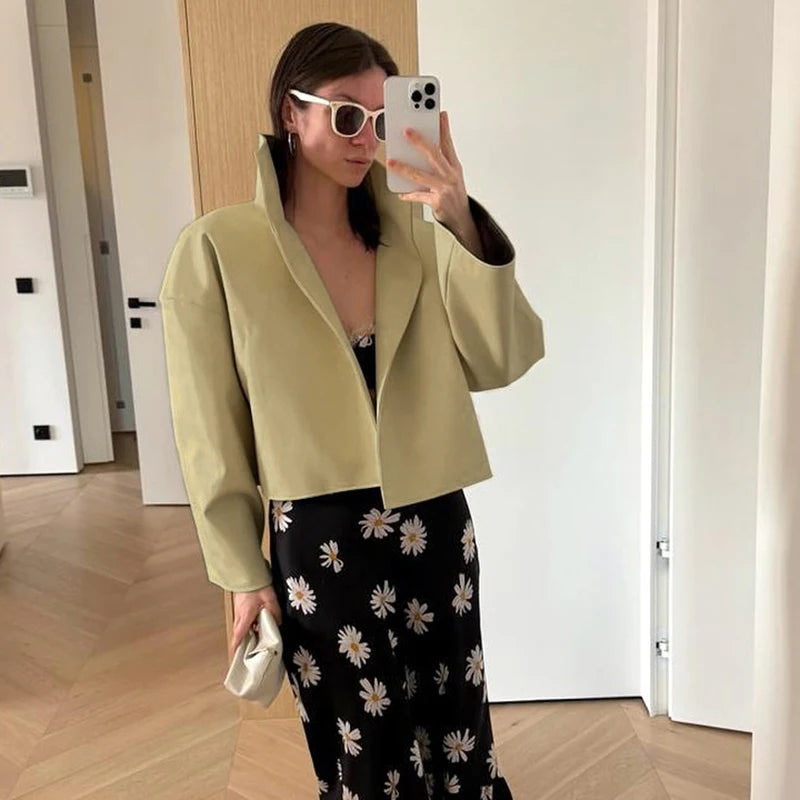 Cappotto da donna ampio a tinta unita, a maniche lunghe, con collo alto, top corto, moda estiva autunnale 2026, capospalla femminile streetwear