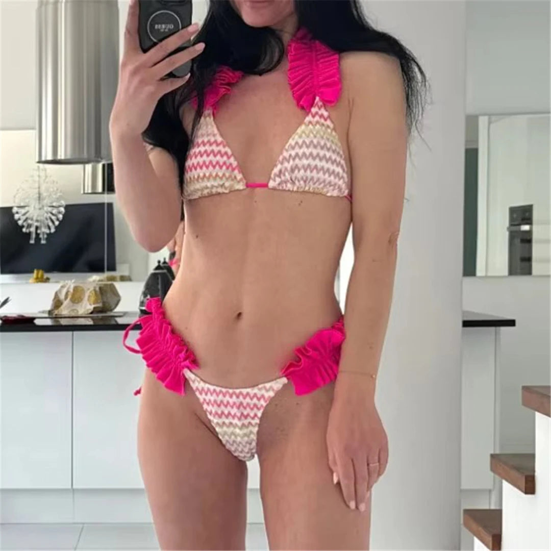 Con gonna Waved Ruffled Bikini con volant costume da bagno femminile costumi da bagno donna tre pezzi Bikini set bagnante costume da bagno Swim V5235