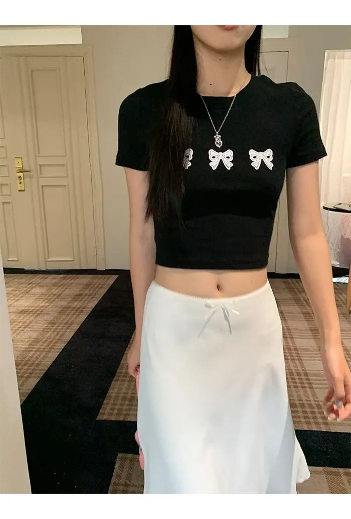 Gonna in raso da donna bianca elegante Deeptown Gonna a metà con volant Fairycore Coquette A-line Gonna estiva casual in seta stile coreano di base