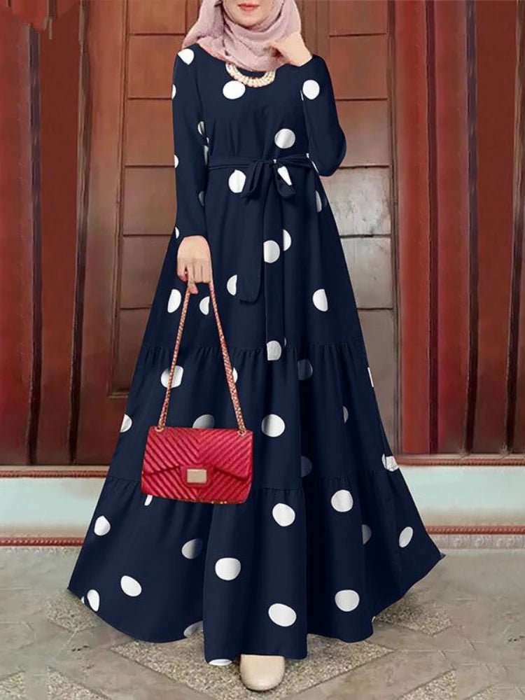 Vestito da donna Eid musulmano Abaya manica lunga O collo Dubai Abaya Ramadan marocco cintura con stampa impiombata abito lungo caftano Casual allentato
