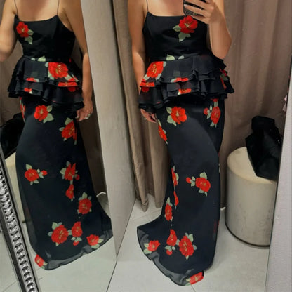 Ensembles jupe-top élégants imprimés à volants pour femme, débardeur sexy sans manches et sans dos, jupes longues 2025, tenues de plage pour femme