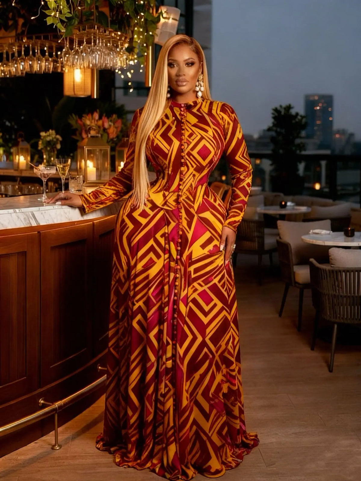 CM.YAYA Donne O-Collo Manica Lunga Grande Swing Tie Dye Stampa Abito Lungo 2026 Feste Sexy Vacanze Da Sera Maxi Abiti Abiti
