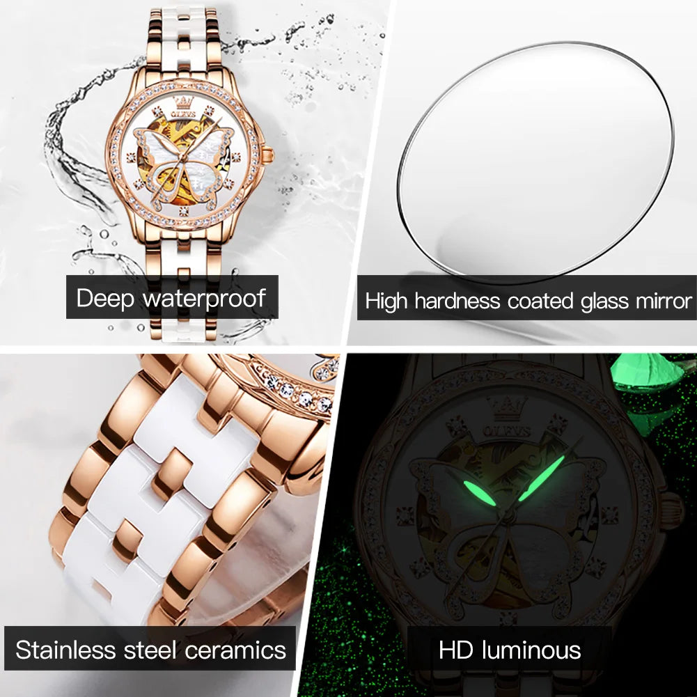 OLEVS 6622 Orologio da donna con quadrante a farfalla Orologio meccanico impermeabile di lusso per donna Orologio da polso automatico con cinturino in ceramica cava