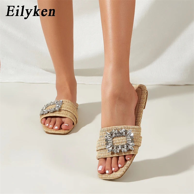 Eilyken Estate Glitter Strass Pantofole da donna Diamante brillante Fondo piatto Canna Sandali di cristallo Scivoli da spiaggia Scarpe Zapatos muje
