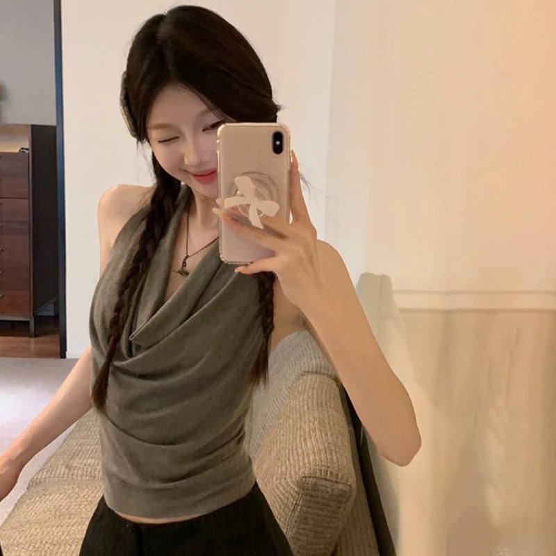 Summer Women Pure Desire Sexy Swing Collar Halter Sleeveless Slim Tank Top French Fashion Tank Top New 2025