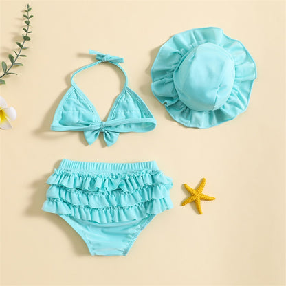 Tregren 0-24M neonate 3 pezzi bikini Set con berretti da bagno Ruffle Bandage Bow costume da bagno Summer Swimwear Beach costume da bagno