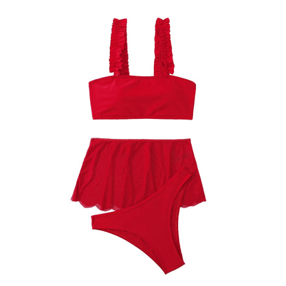Costume da bagno rosso 2026 da donna, sexy, a vita alta, con gonna, bikini a tre pezzi, con volant, fascia per il petto, per l'estate e la spiaggia
