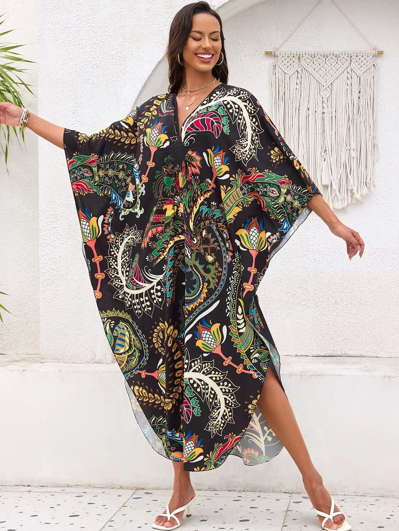 Abiti caftano da donna con stampa floreale taglie forti Costume da bagno taglie forti Copricostume estivo Abito da spiaggia caftano loungewear