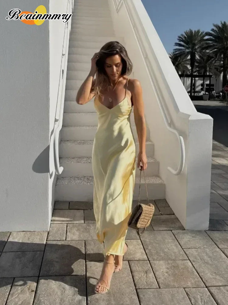 Elegante canotta tinta unita abito lungo slim fit donna moda splicing abiti stringati pieghettati gonna da spiaggia chic per le vacanze da donna