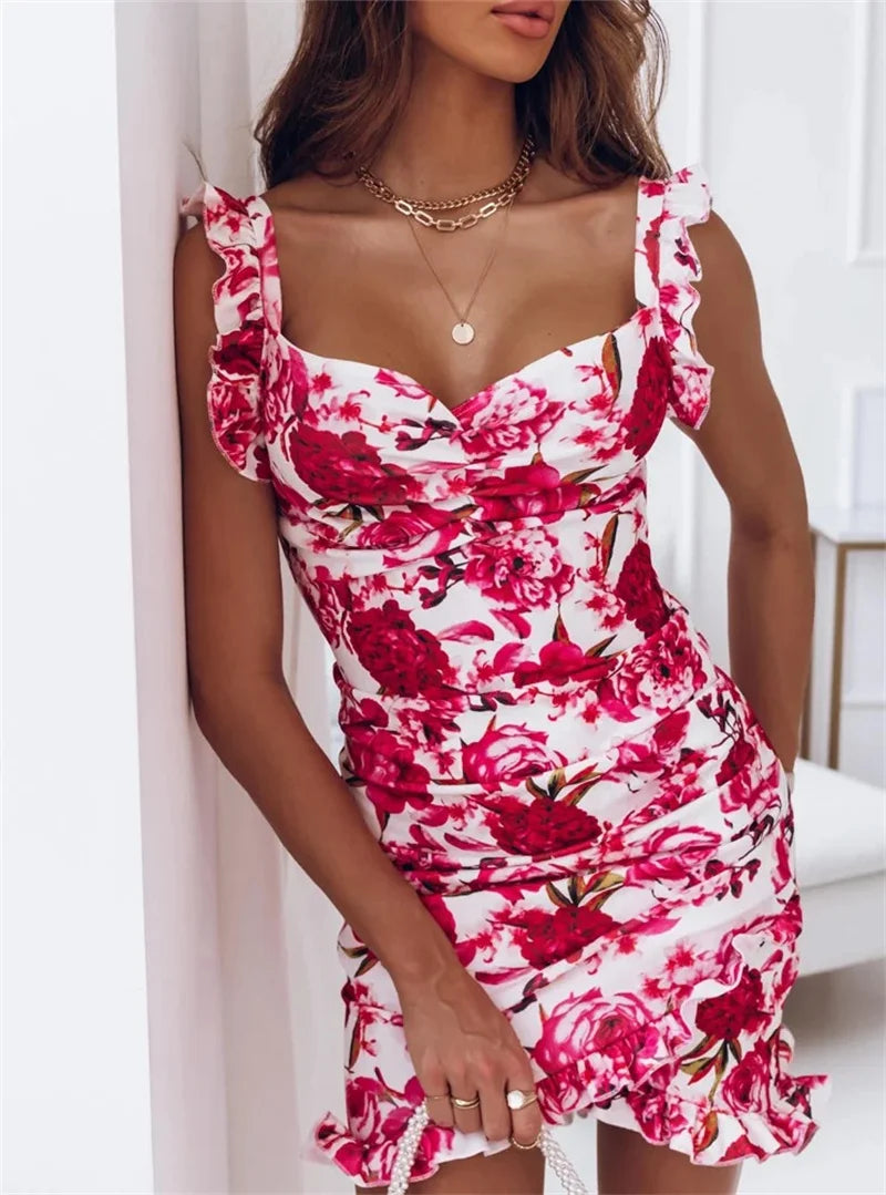 Abiti sexy da donna Date Night - Abito aderente casual con scollo a V senza maniche con volant stampato floreale