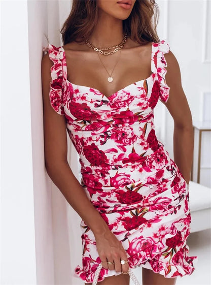 Abiti sexy da donna Date Night - Abito aderente casual con scollo a V senza maniche con volant stampato floreale