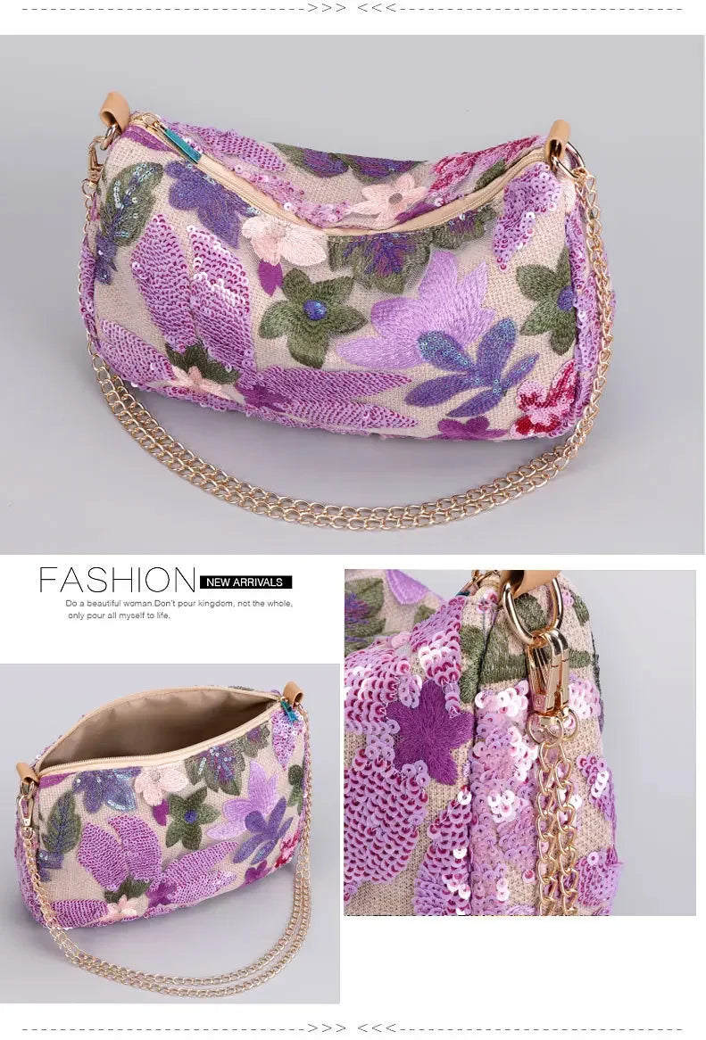 Borse a tracolla da donna con ricamo floreale carino Catene con paillettes alla moda Borsa a tracolla Borsa da spiaggia casual estiva Borsa e portamonete Hobos