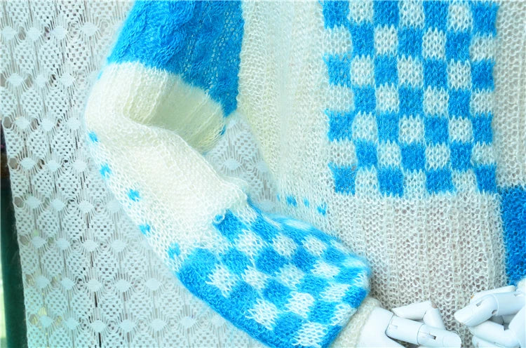 Abbigliamento Autunno Inverno per Donne, Cardigan Vintage in Lana Mohair con Motivi Floreali, Manica Lunga, Vestibilità Ampia, Maglione Giacca Pull Top
