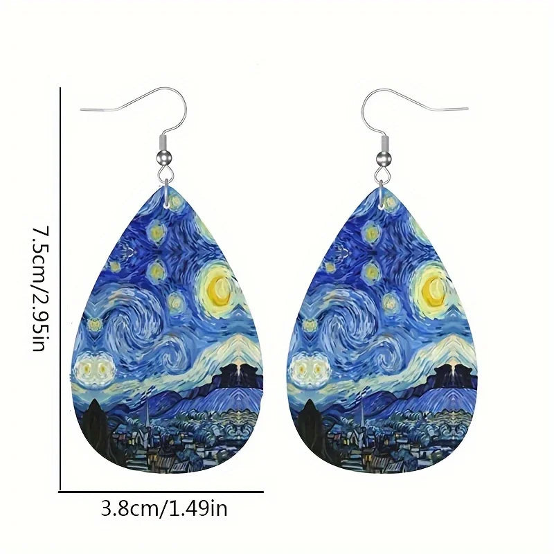 Orecchini Van Gogh Notte stellata Orecchini vintage in pelle con goccia d'acqua albero della vita per donna