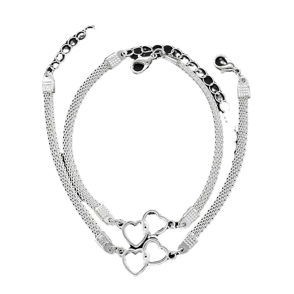 Set da 2 pezzi Braccialetti per coppia con cuore d'amore per donna Uomo Regalo di gioielli per amante con bracciale a catena abbinato a doppio strato color argento