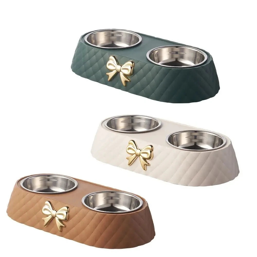 Forniture per animali domestici Papillon Bowknot Ciotola per cibo per gatti Base in PP Ciotola per cani Doppio accessorio per animali domestici in acciaio inossidabile Alimentazione Bere Doppia ciotola