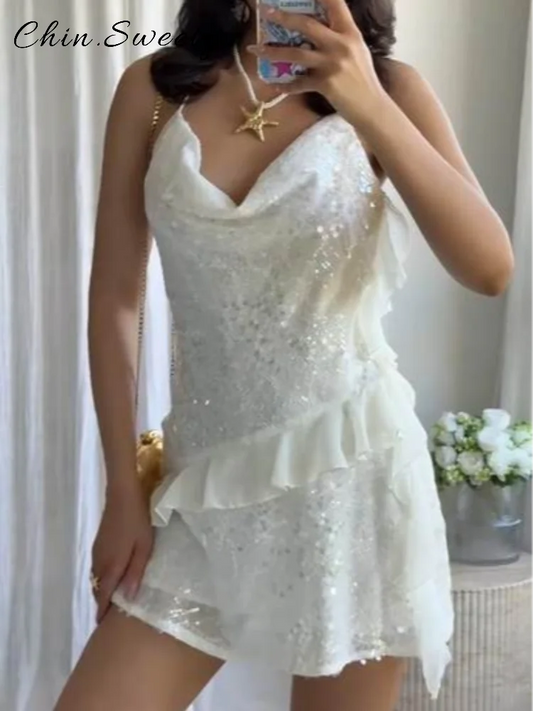 Sexy paillettes volant mini abito fionda donna solido scollo a V senza maniche backless abiti a trapezio 2025 estate signora chic abiti da festa