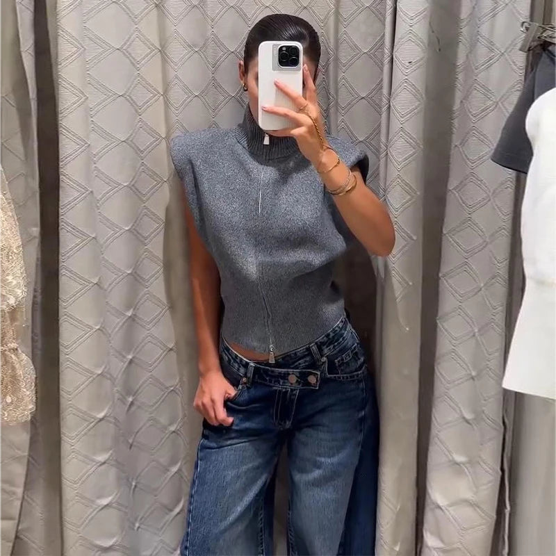 Cardigan in maglia da donna senza maniche con spalline imbottite, collo alto a metà, doppia cerniera, corto, aderente, tinta unita, top di tendenza per la strada