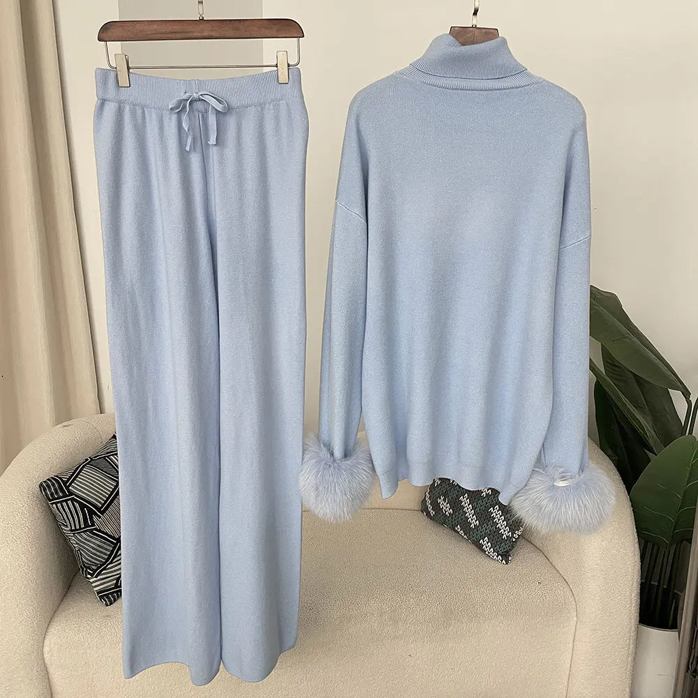2024 nuova moda autunno inverno polsini in vera pelliccia di volpe naturale cappotto maglione lavorato a maglia pantaloni lunghi da donna set giacca spessa calda