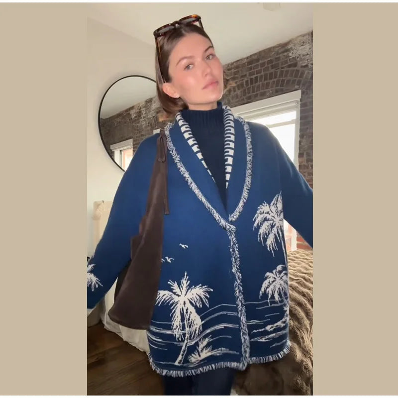 Cardigan in maglia con stampa Boho da donna Top con frange e cintura maglione a maniche lunghe con lacci 2025 Nuovo outfit capispalla High Street