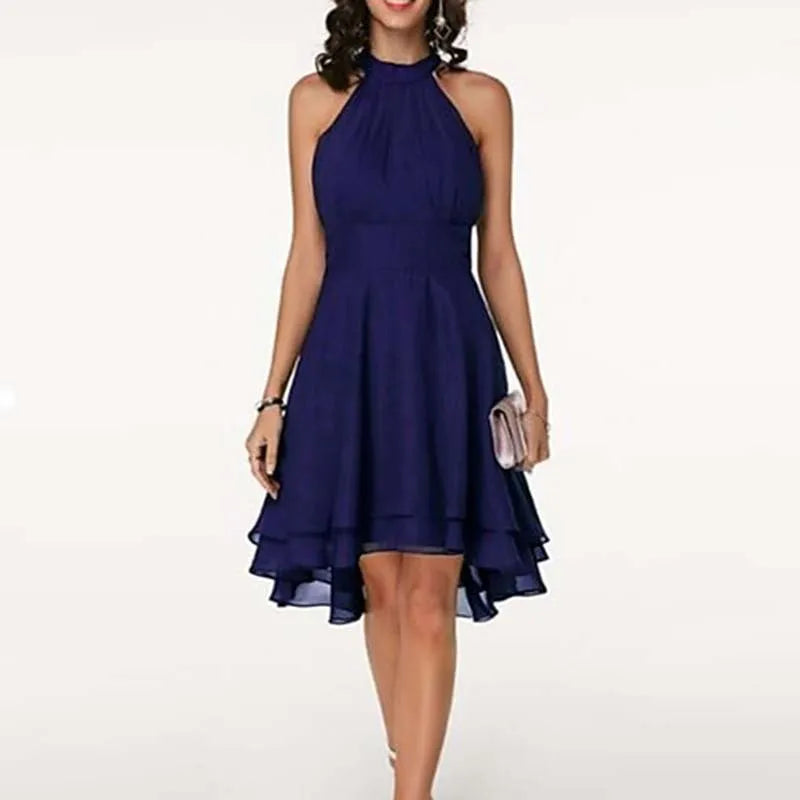 Summer Sexy Women Halter Tierred Ruffle Chiffon Mini Dress Elegant Office Lady Corset Irregular A-line Guest Evening Party Dress