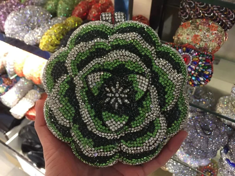 Pochette da sera con strass rosa/verde con fiore rosa Borse da sera da donna in cristallo giallo floreale Pochette da sposa per festa di nozze
