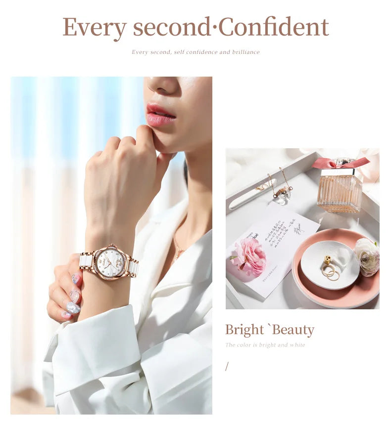 OLEVS 6631 Orologi automatici da donna Eleganti orologi da polso meccanici da donna impermeabili con cinturino in ceramica color oro rosa e lunetta con diamanti