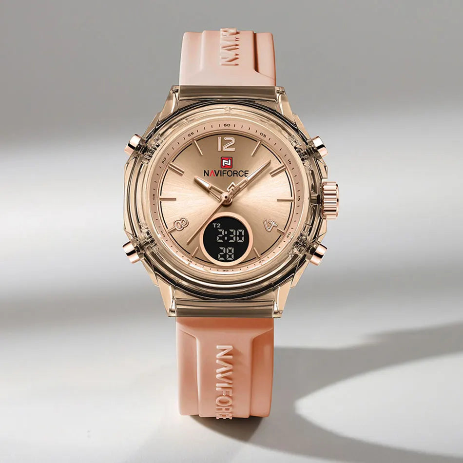 NAVIFORCE Orologio da donna di lusso Orologio sportivo all'aria aperta in oro Orologi impermeabili Doppio display dell'ora Orologi da polso al quarzo Orologio digitale in gomma