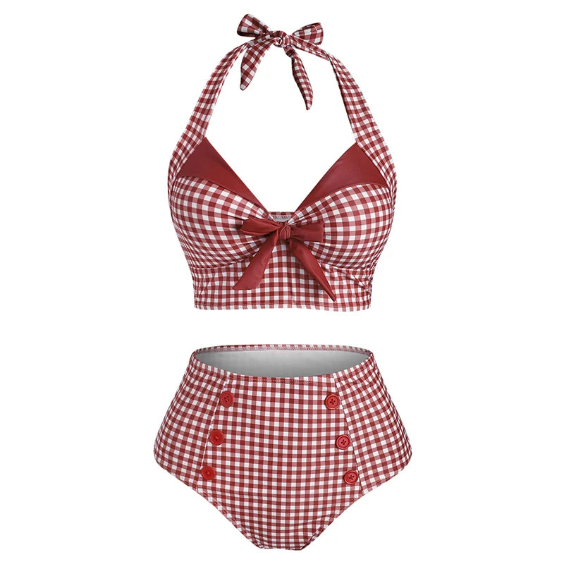 Dressfo Damen Tankini mit Bauchkontrolle, Vintage-Karo-Print, Korsett-Stil, Zierknöpfe, Sommer-Strand-Badeanzug