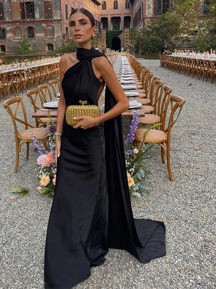 Sciarpa a nastro Halter Abito da donna Spalla inclinata Raso di seta Slim Fit Streamer Grandi abiti sexy senza schienale Abiti lunghi da donna Estate