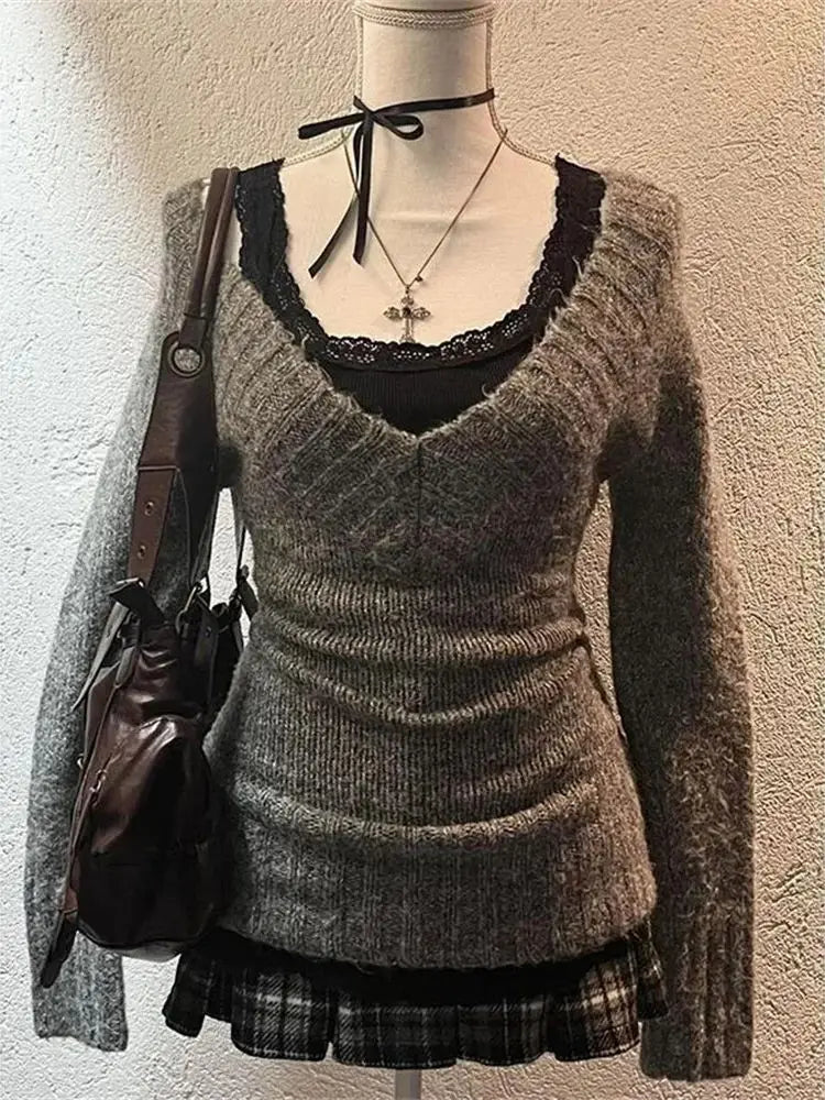 Moda vintage scollo a V top in maglia donna 2025 inizio autunno inverno nuovi maglioni slim pullover a maniche lunghe gilet di pizzo set da 2 pezzi