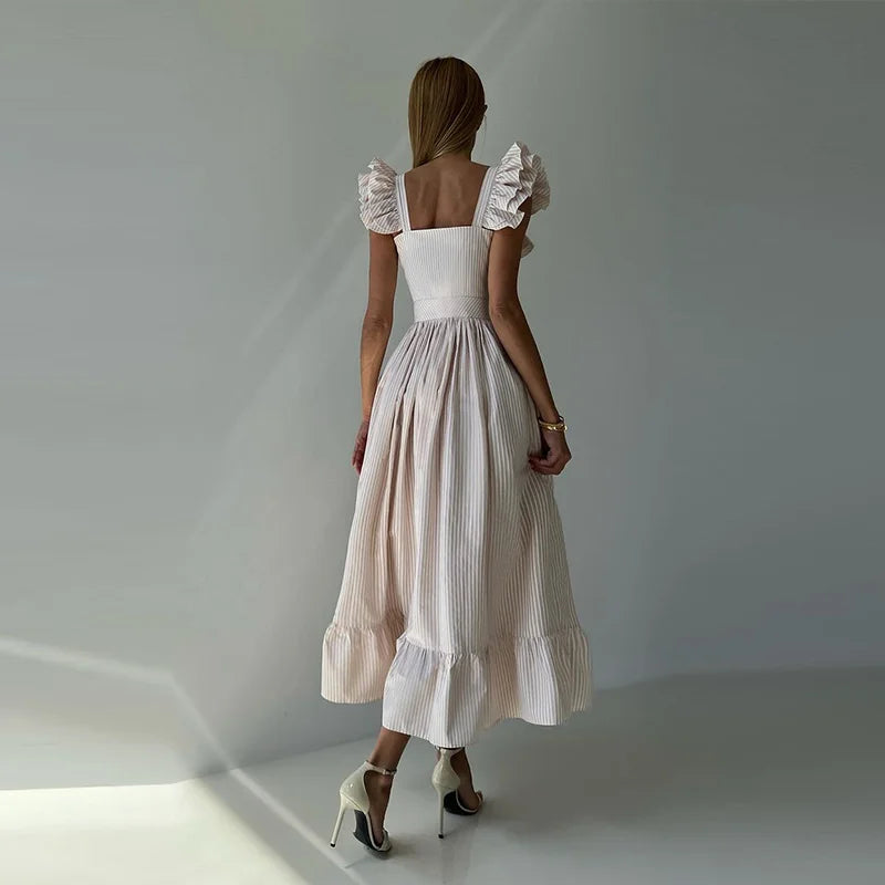 BKQU Abito lungo elegante con maniche volanti a righe con volant Abito lungo da donna chic con colletto quadrato sottile monopetto Abito lungo da festa estivo femminile