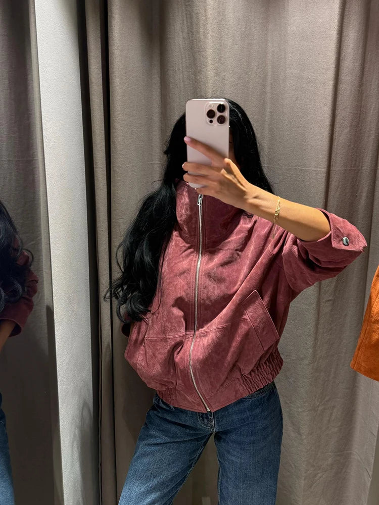Giacca Bomber da Donna in Finta Pelle Scamosciata, Collo Alto, Chiusura a Zip, Spalle Cadenti, Orlo Elastico, Abbigliamento Casual Autunnale, Cappotto alla Moda 2026