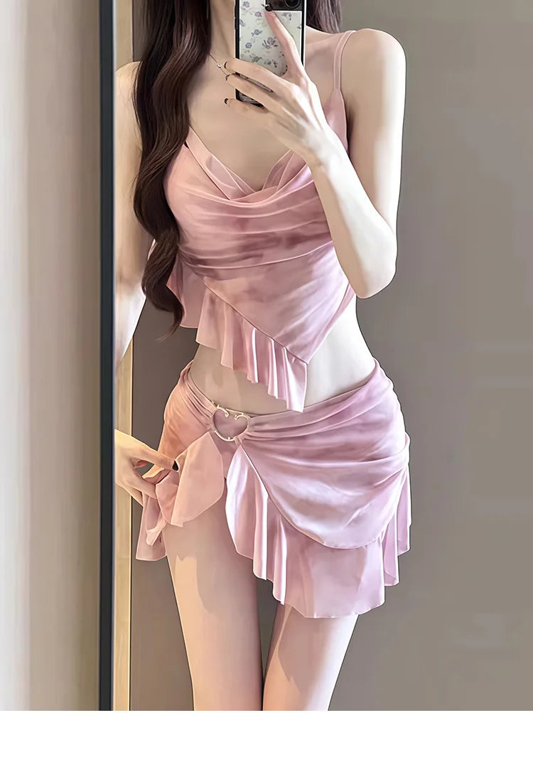 Nuovo stile coreano bikini set donna rosa sfumato volant push up gonna a rete costume da bagno 3 pezzi costume da bagno estivo costumi da bagno per le vacanze