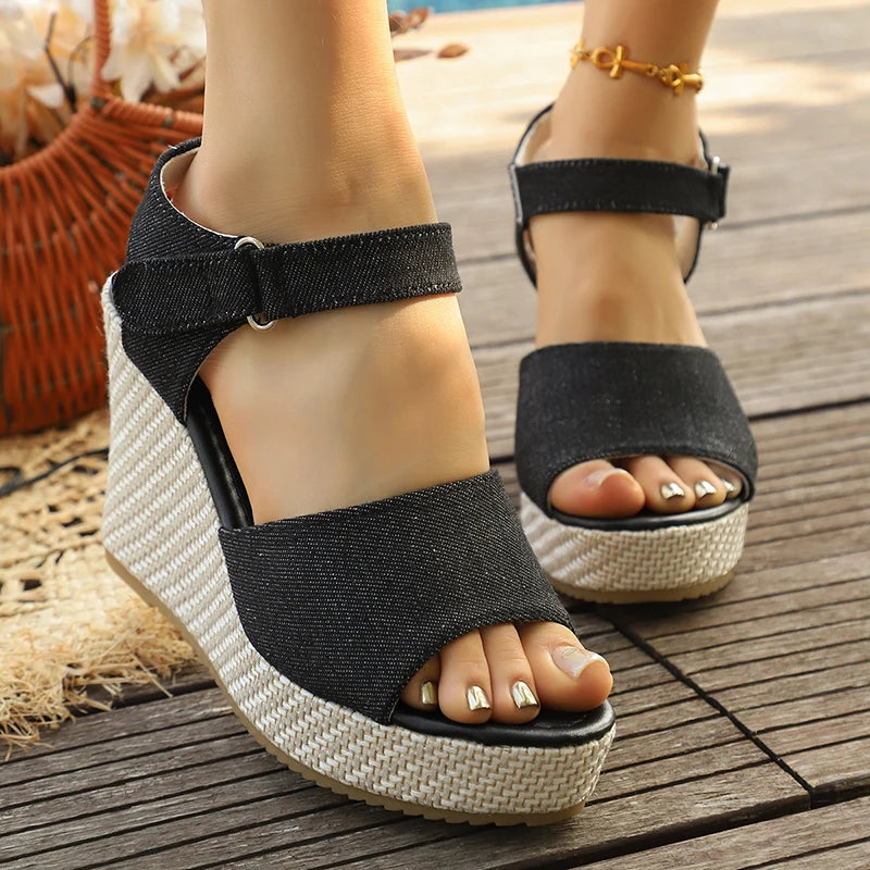 Sandales d'été compensées à talon haut pour femmes, Talon super haut 10 cm, Sandales décontractées à lanière de cheville et plateforme, Grandes tailles 43