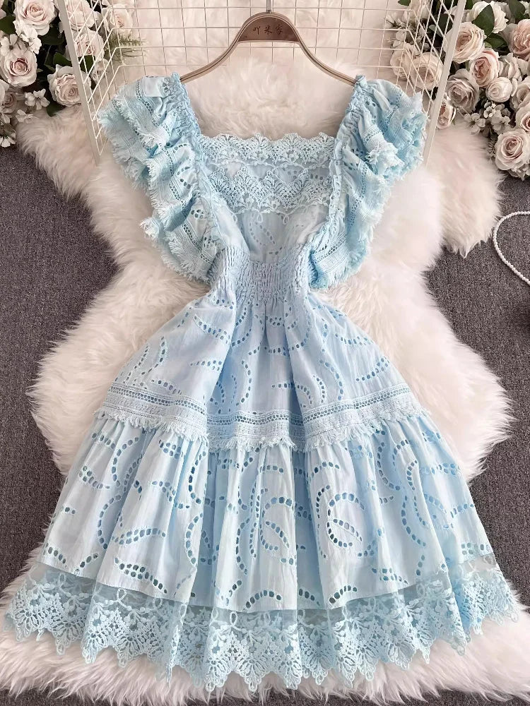 Abito da festa elegante da donna abito estivo Vintage con scollo quadrato e volant manica corta abiti coreani da donna Slim a-line abito lungo con scollo alto
