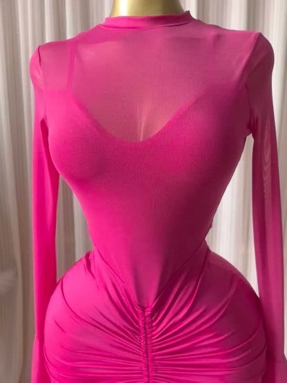 CM.YAYA Abito lungo da donna a sirena con maniche lunghe a campana, scollo a O, arricciato, in rete, sexy, per feste e serate, Collezione 2026