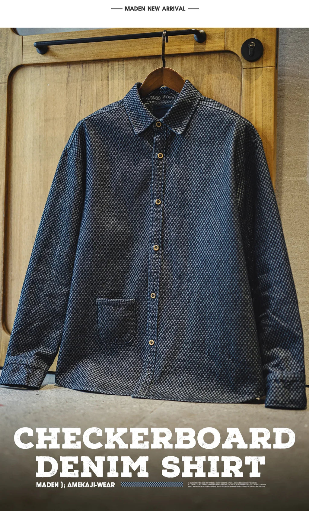 Maden Camicia di jeans a maniche lunghe ampia retrò Giacca monopetto con risvolto a quadretti per uomo Capispalla versatile primaverile e autunnale