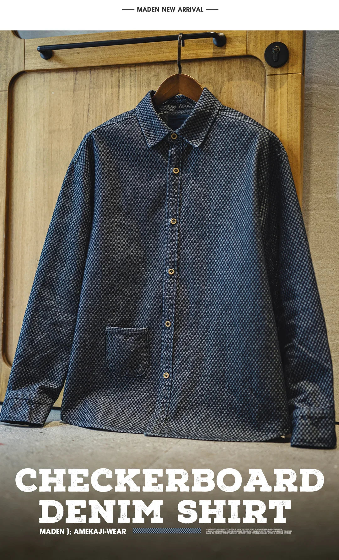 Maden Camicia di jeans a maniche lunghe ampia retrò Giacca monopetto con risvolto a quadretti per uomo Capispalla versatile primaverile e autunnale
