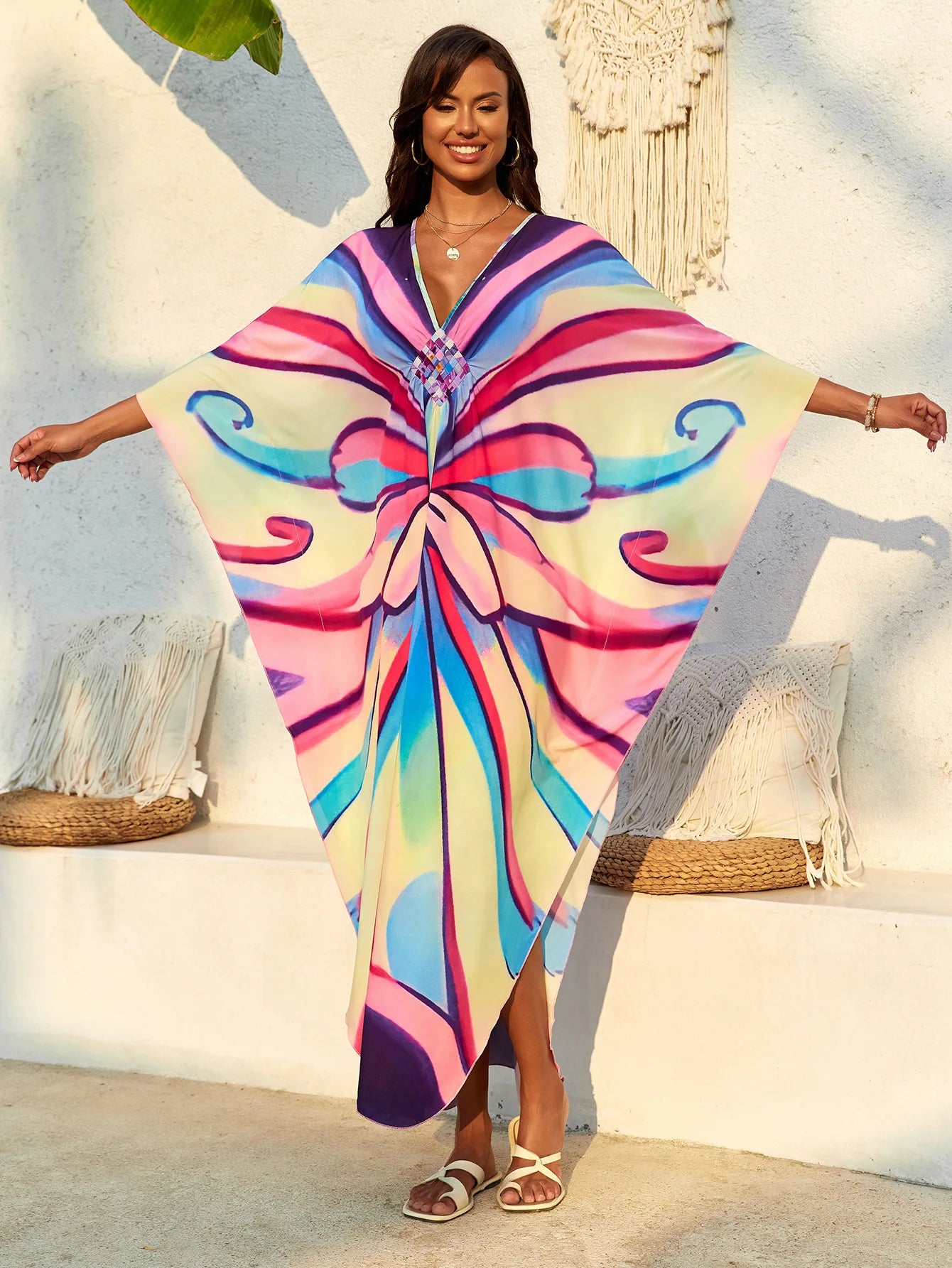 Abiti caftano da donna con stampa floreale taglie forti Costume da bagno taglie forti Copricostume estivo Abito da spiaggia caftano loungewear