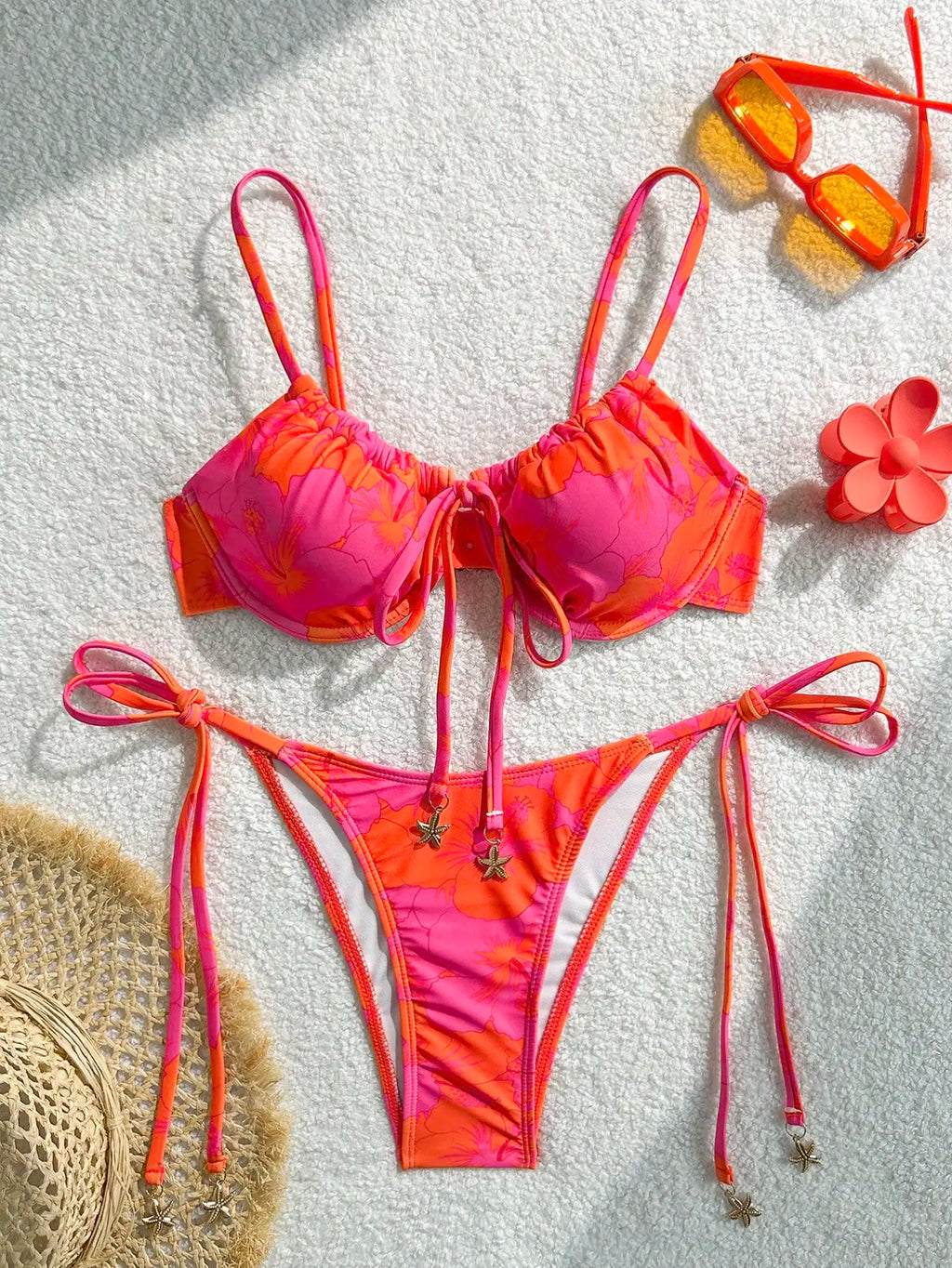 Orange Pink Hibiscus Print Underwire Push Up Bikini Set Tie Side High Cut Starfish Charm 2 Piece Swimsuit Women Summer Beachwear