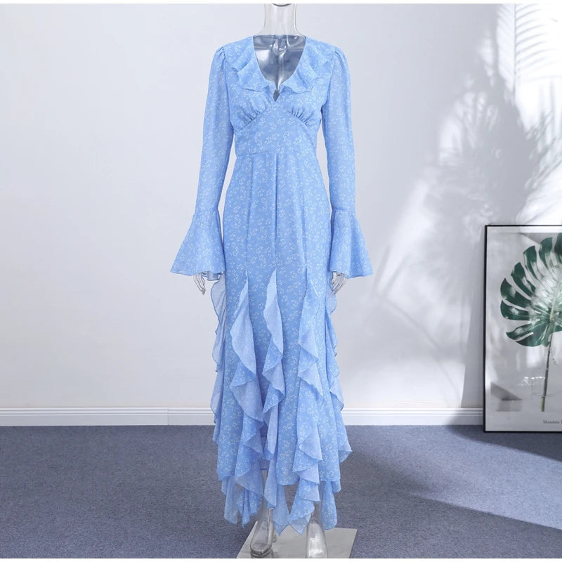 Abito Lungo da Donna con Stampa, Scollo a V, Maniche a Campana, Bordo a Foglia di Loto, Vita Alta, Vestito Maxi Aderente, Elegante Abito da Sera per Feste